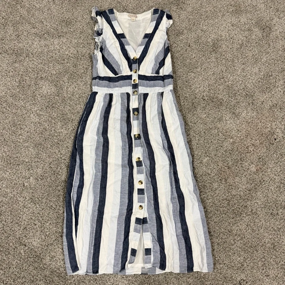 J Crew Point Sur Indigo Striped 100% Linen Midi Dress Button Resort Women’s US 6